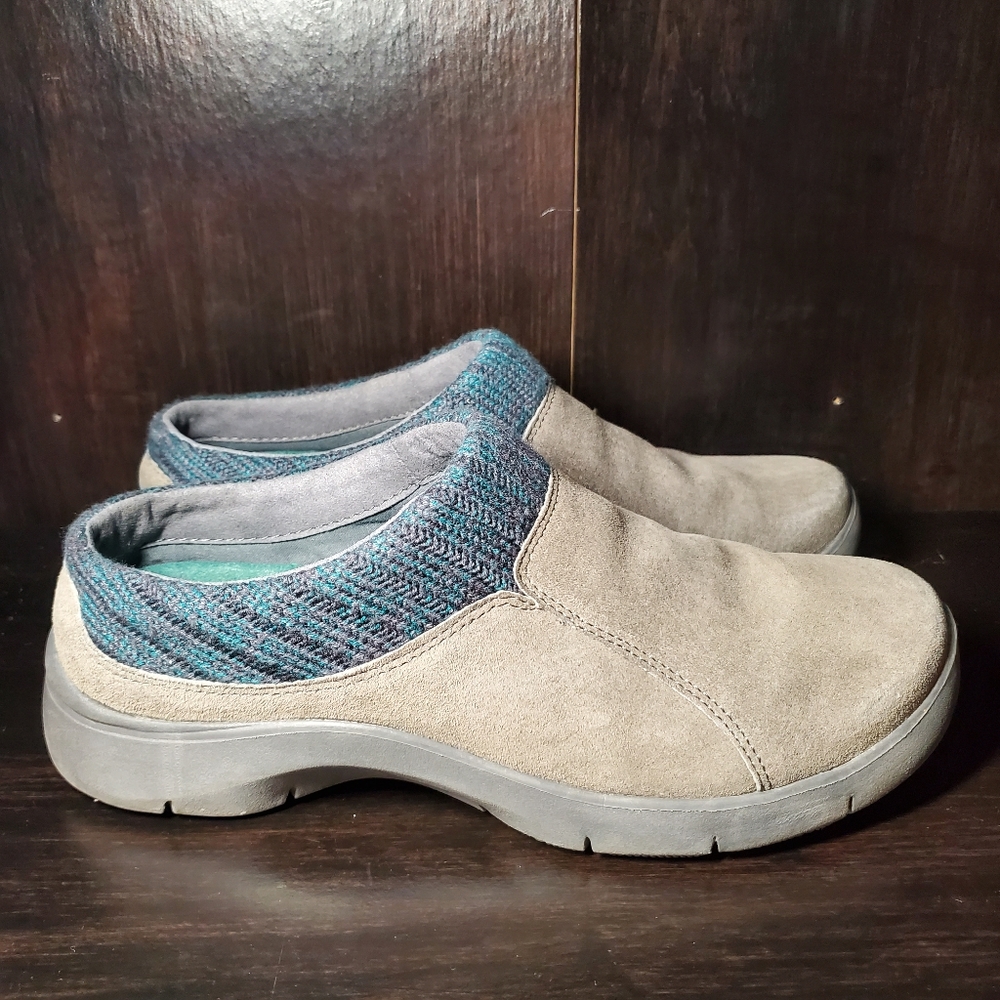 Dansko Taupe Suede Slip-On Clogs with Teal Knit Collar